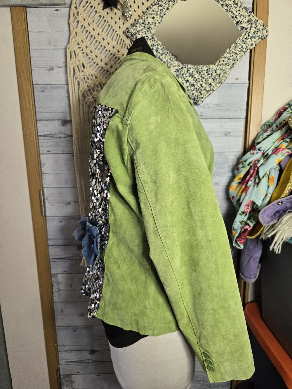 Vtg Handmade Green Suede Embellished Sequin Denim Flower Detail Blazer Jacket - Picture 2 of 7
